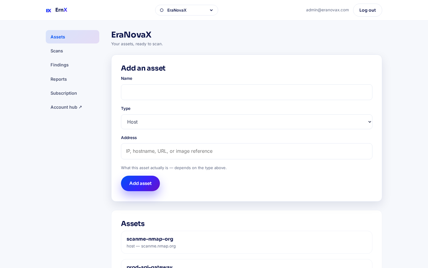 Adding an asset to scan in ErnX