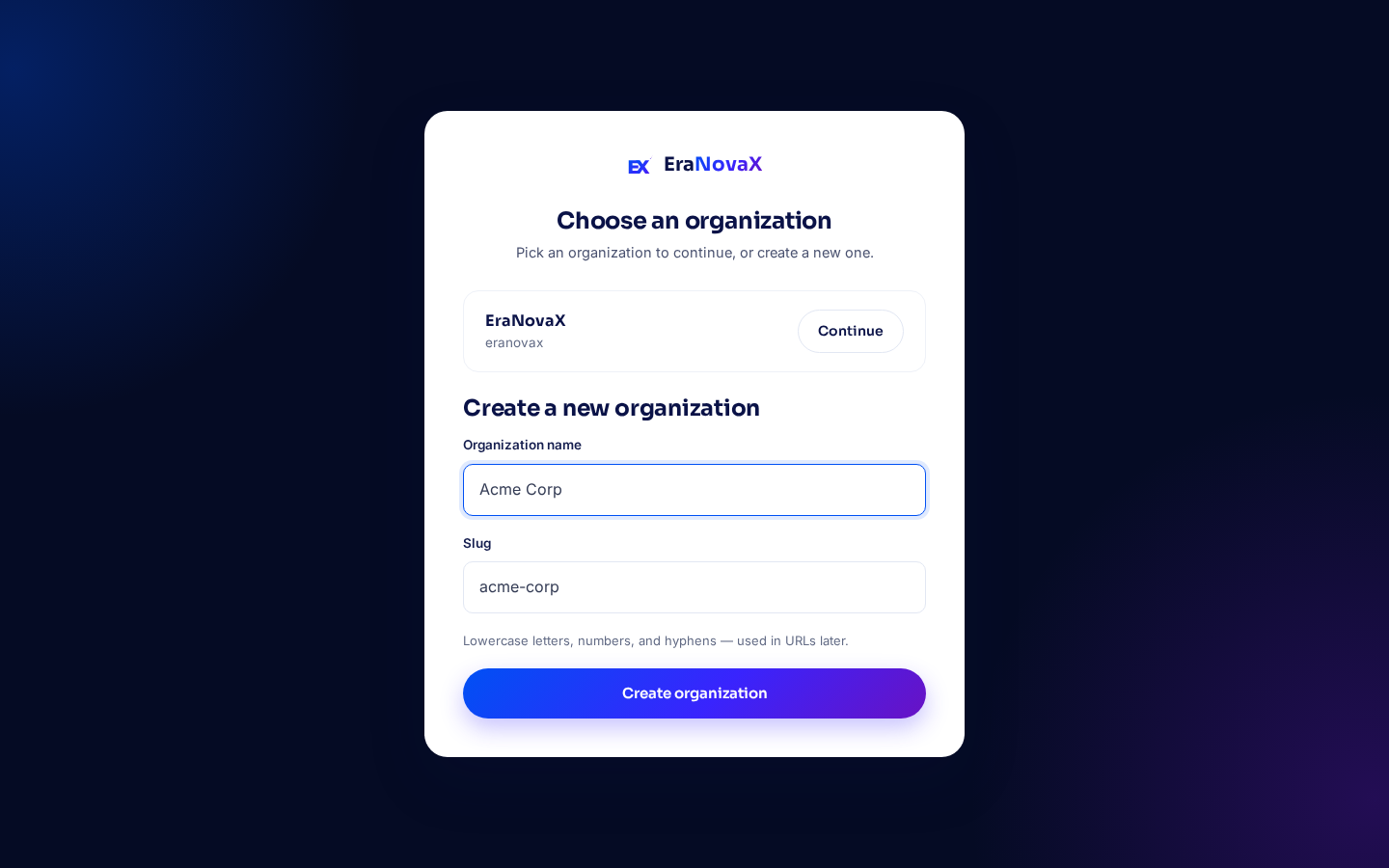 Creating a new organization in ErnX