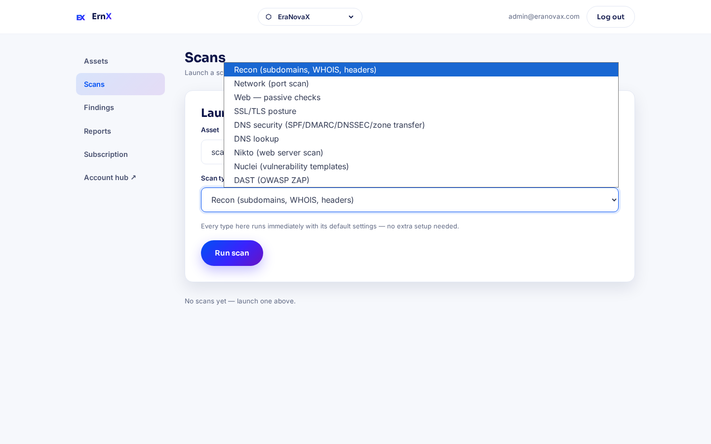 Choosing a scan type in ErnX